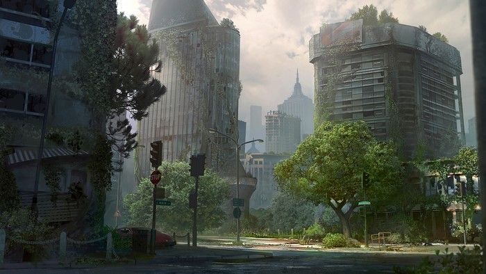 Post-apocalyptic city with overgrown buildings and skyscrapers