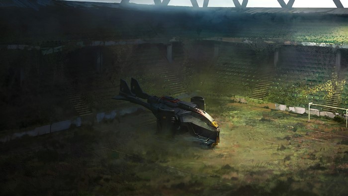 XCOM 2 concept art of a crashed vehicle in a stadium