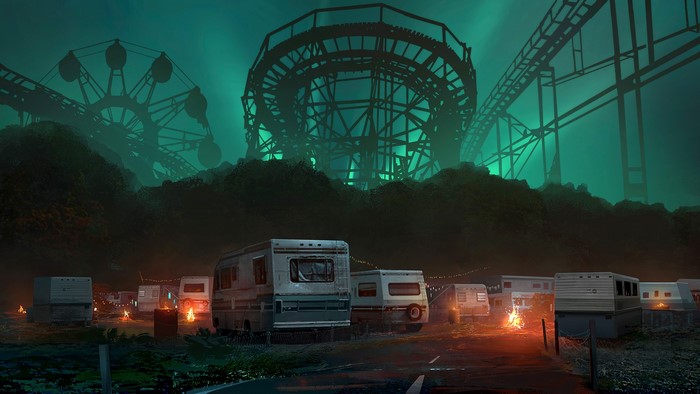 Abandoned amusement park with RVs and campfires