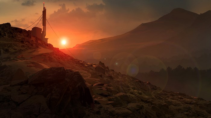 XCOM 2 concept art of a futuristic tower at sunset