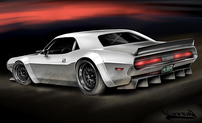 White Dodge Challenger with Widebody Kit and Spoiler