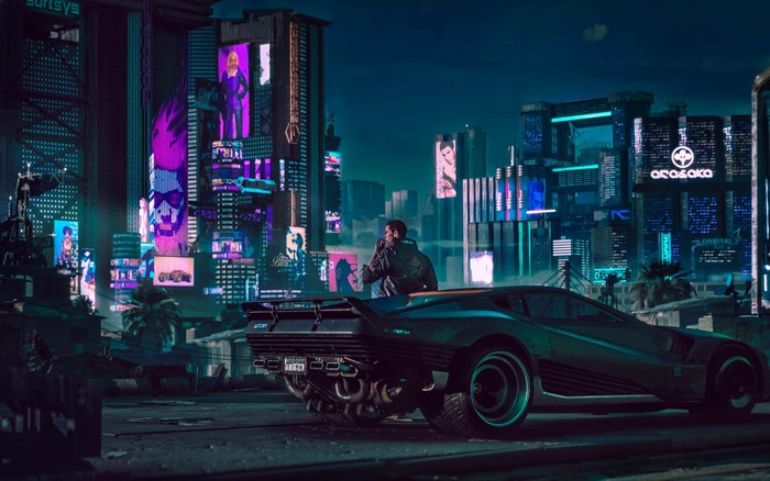 Cyberpunk 2077 futuristic city with car