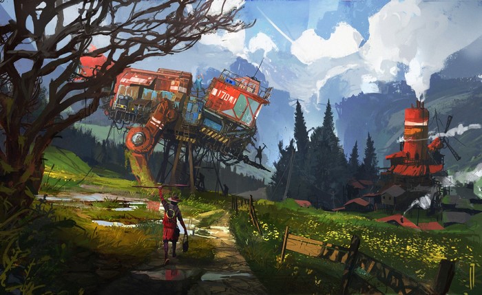Sci-fi landscape with giant robot and windmill factory