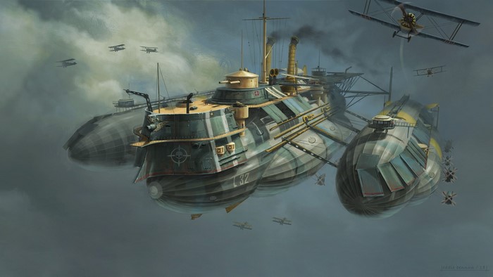 Steampunk airship fleet with biplanes in the sky