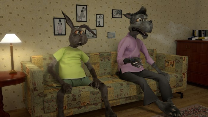 Wolf and Hare from Nu, Pogodi! smoking on a couch