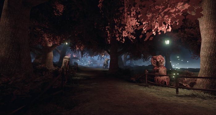 Enchanted forest path at night with owl statue
