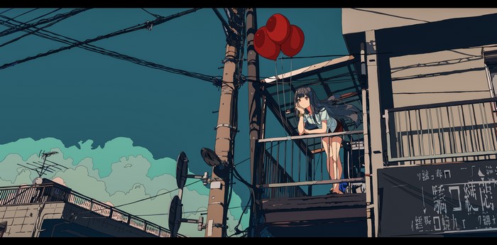 Anime girl with balloons on a balcony