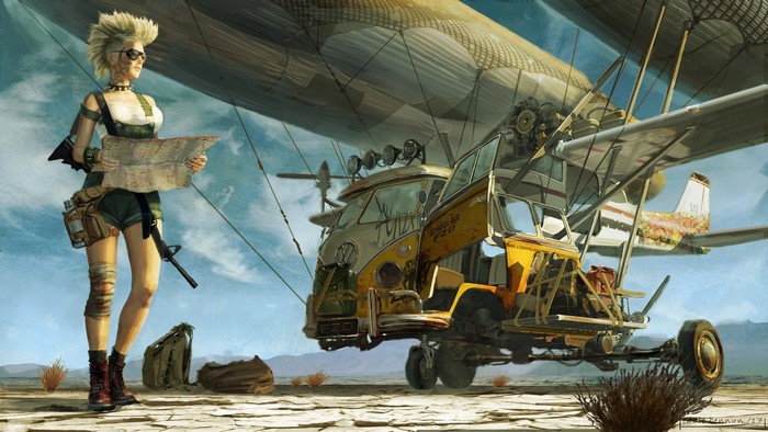 Woman with map and futuristic vehicle in desert
