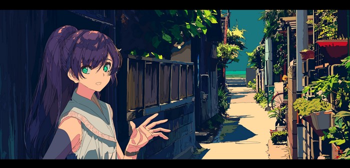 Anime girl in a narrow street with plants