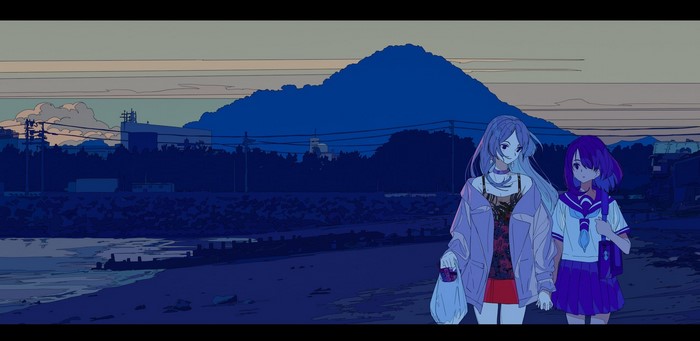 Two anime girls walking on a beach with a mountain in the background