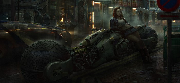 Woman on futuristic motorcycle in cyberpunk city street