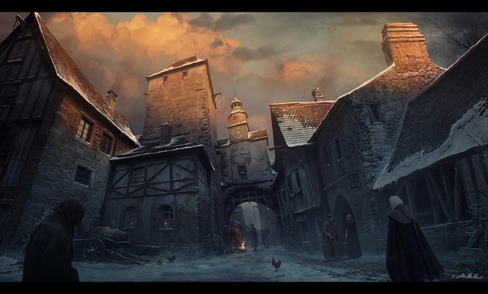 Medieval village street at sunset with snow