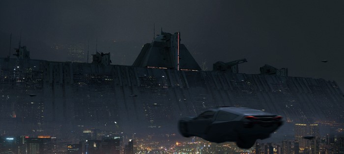 Blade Runner 2049 flying car over futuristic city