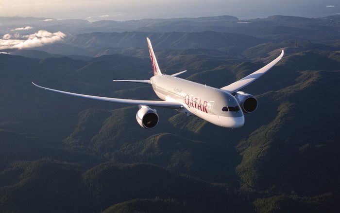 Qatar Airways Boeing 787 flying over mountains