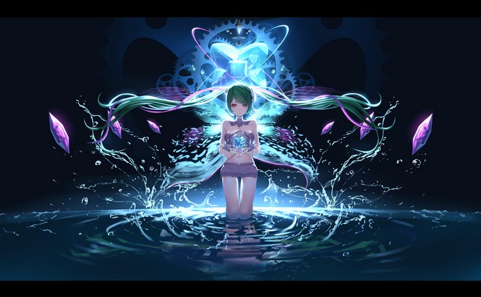 Hatsune Miku from Vocaloid in water with crystals