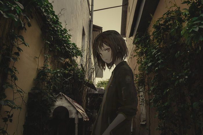 Anime girl with short hair in an alley
