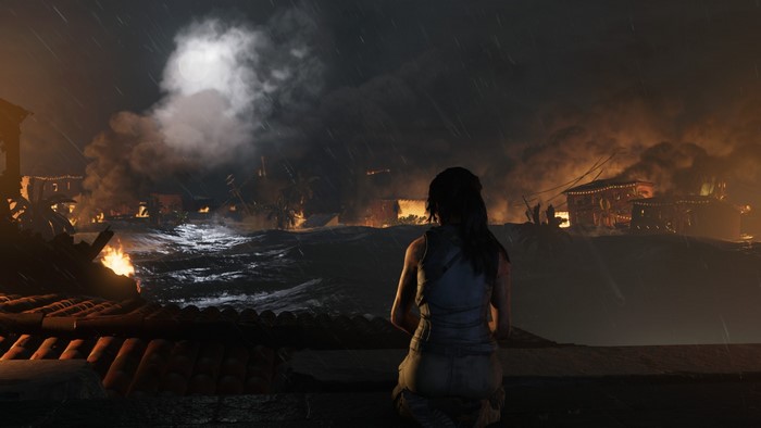 Lara Croft in Shadow of the Tomb Raider during a fire