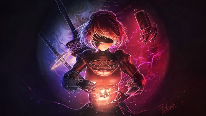 2B from Nier: Automata with swords and pod