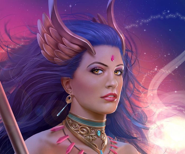 Fantasy woman with blue hair and ornate headdress