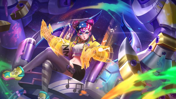Anime girl with colorful hair and outfit