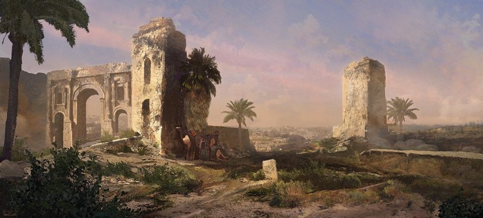 Camels resting near ancient ruins in a desert landscape