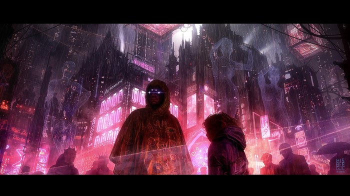 Cyberpunk city street with holographic figures and people