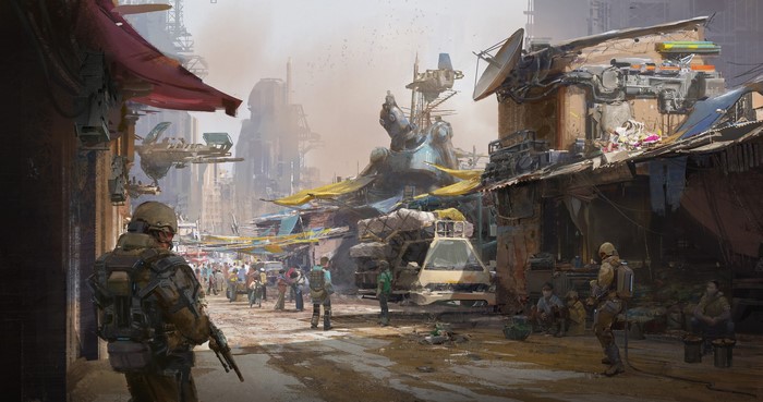 Soldier in a cyberpunk marketplace with flying vehicles