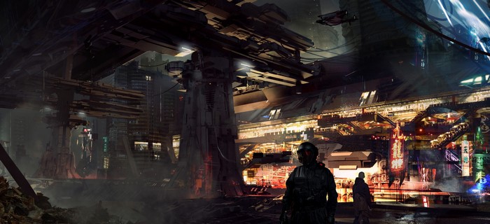Cyberpunk futuristic city with people and flying vehicles