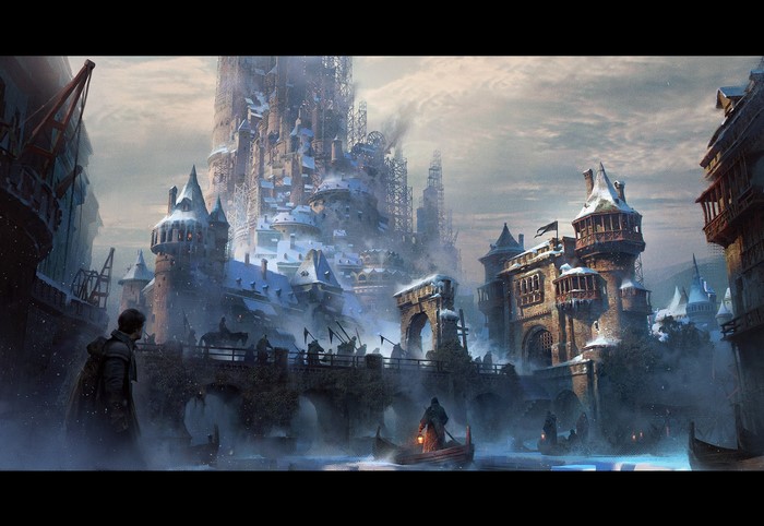 Medieval castle in a snowy city with boats on a canal