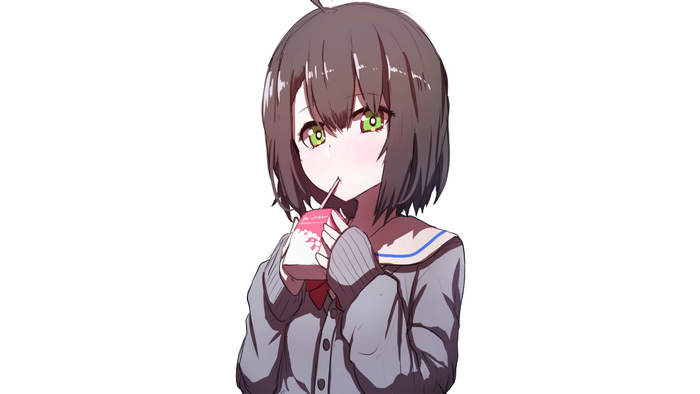 Anime girl with short brown hair drinking juice