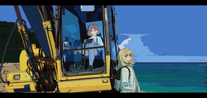 Anime girls with heavy equipment by the sea