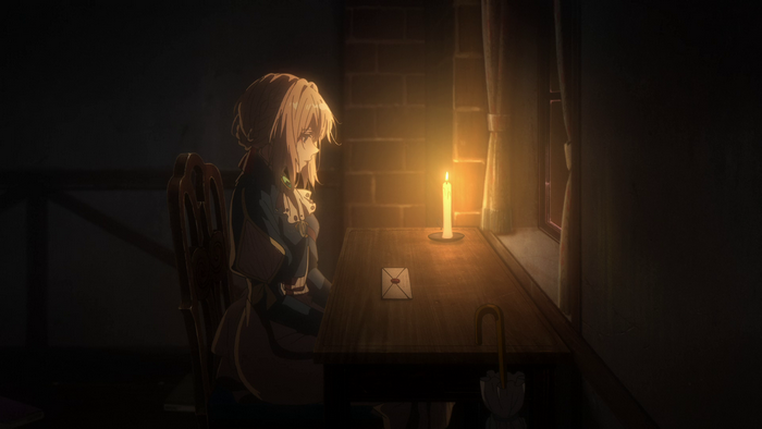 Violet Evergarden sitting at a desk with a candle