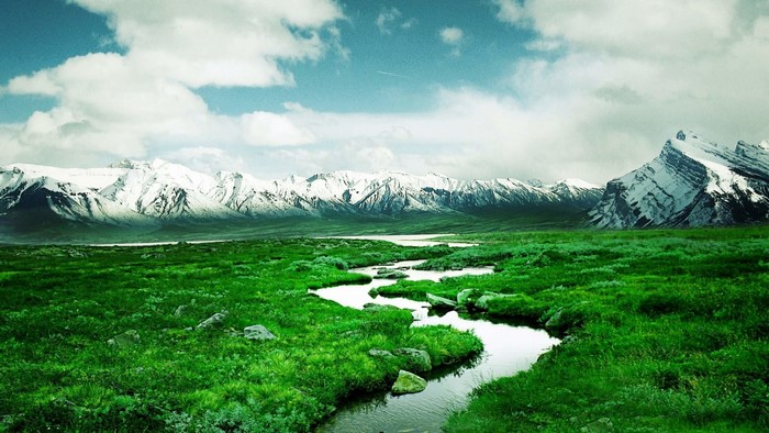 Snowy Mountains and Green Field with Creek