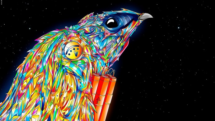 Abstract colorful bird with dynamite in space