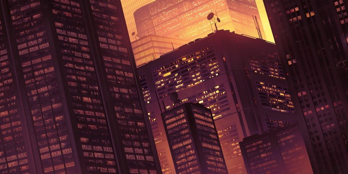 Artwork of a futuristic cityscape at sunset