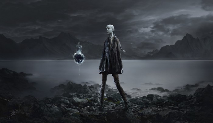 Fantasy girl holding a glowing orb in a dark landscape