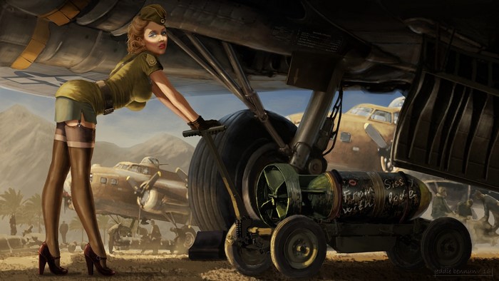 Pinup girl with bomber aircraft and bomb