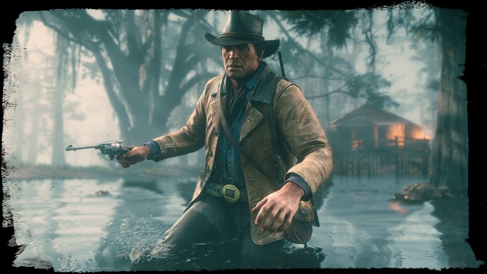 Arthur Morgan from Red Dead Redemption 2 in a swamp