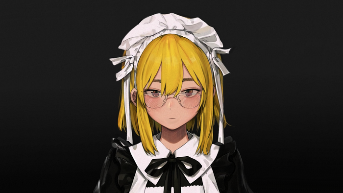 Anime girl with blond hair wearing maid outfit and glasses