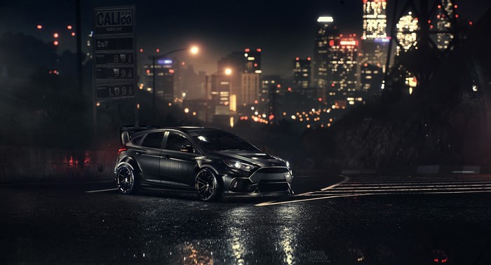 Ford Focus RS at night in a city