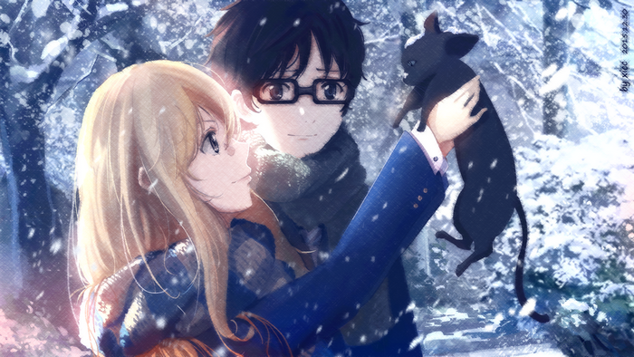 Kaori and Kousei from Your Lie in April with a cat in winter