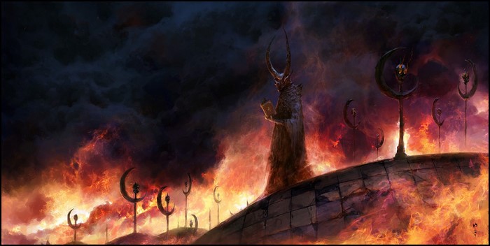 Artwork by Chris Cold featuring a horned figure reading a book amidst flames and dark clouds.