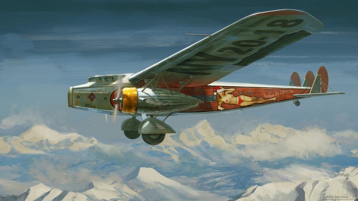 Artwork of a vintage aircraft flying over mountains
