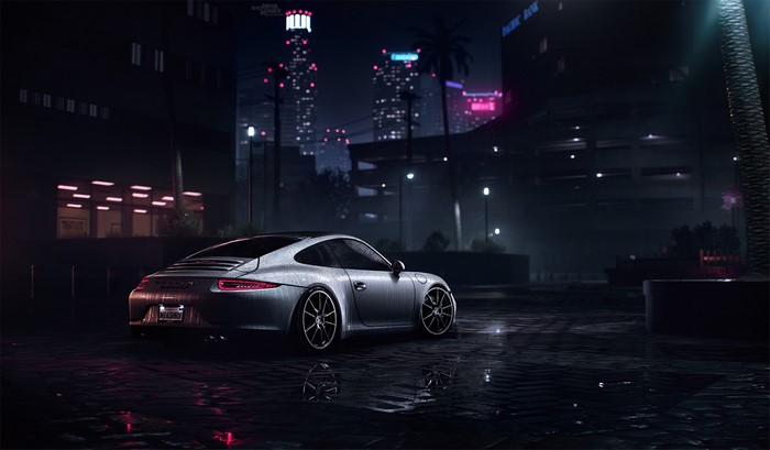 Porsche 911 parked on a wet city street at night
