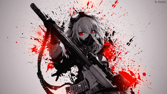 Anime girl with sniper rifle and gas mask