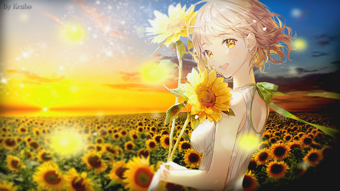 Anime girl with sunflowers at sunset