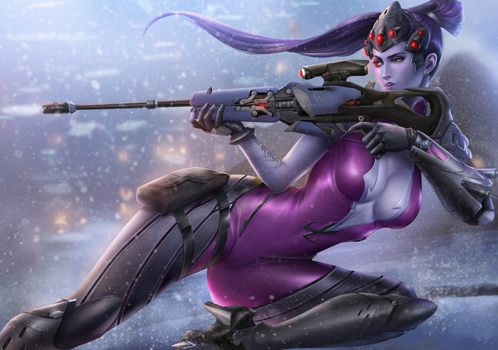 Widowmaker from Overwatch holding a sniper rifle