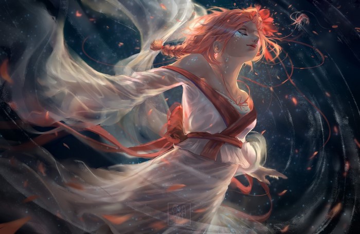 Fantasy girl with pink hair in flowing white and red dress