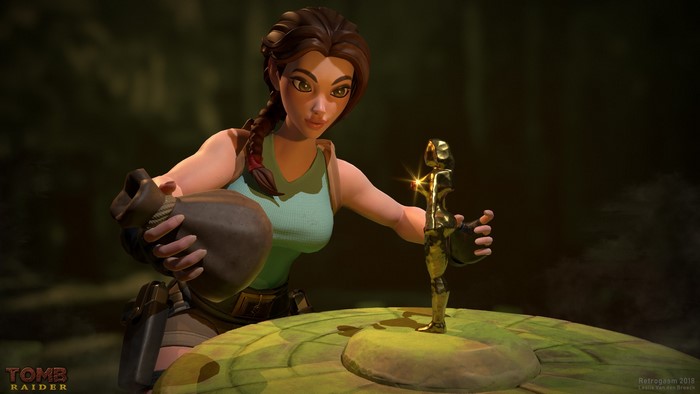 Lara Croft from Tomb Raider with a golden idol