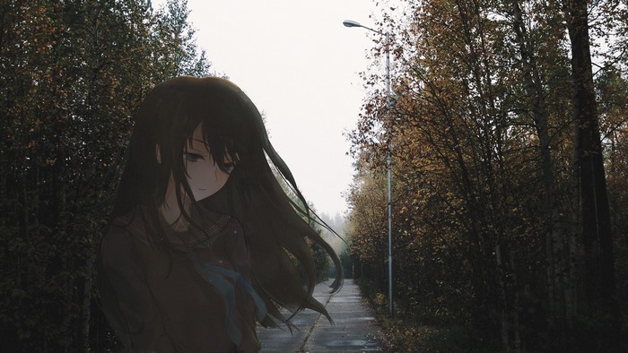 Anime girl on a path in autumn forest